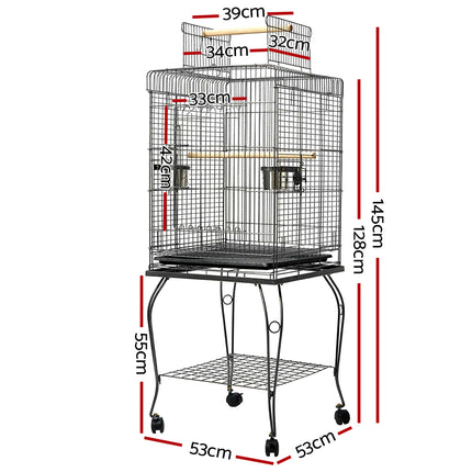 Large black Macaw and Friends bird cage, 145cm aviary with spacious design for pet birds, includes perches and feeding stations.