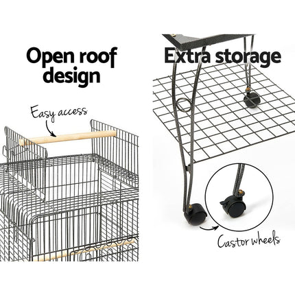 Large black i.Pet bird cage by Macaw And Friends, 145cm tall aviary with spacious bars and perches for pet birds.