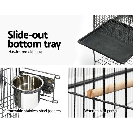 Large black Macaw and Friends bird cage, 145cm aviary with spacious interior for pet birds, stainless steel perches and feeding areas.