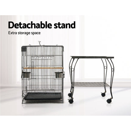 Large black Macaw and Friends bird cage, 145cm tall, spacious aviary with multiple perches and feeding stations for pet birds.
