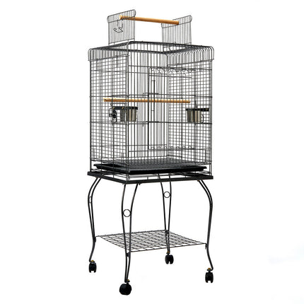 Large black Macaw and Friends bird cage, 145cm tall, with spacious indoor aviary for pet birds, featuring multiple perches and feeding areas.