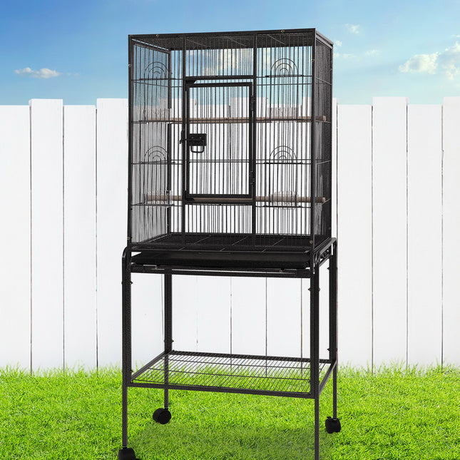 Large black i.Pet bird cage by Macaw And Friends, 144cm tall aviary with spacious design for pet birds.
