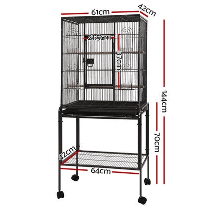 Large black i.Pet bird cage by Macaw and Friends, 144cm aviary with spacious interior for pet birds.
