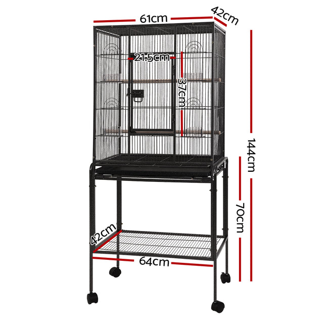 Large black i.Pet bird cage by Macaw and Friends, 144cm aviary with spacious interior for pet birds.