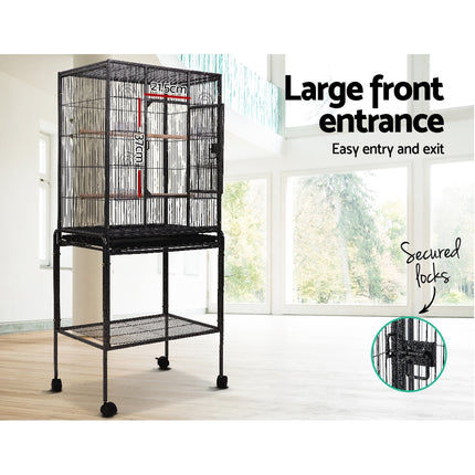 Large black i.Pet bird cage by Macaw And Friends, 144cm tall aviary for pet birds with spacious interior and sturdy stand.
