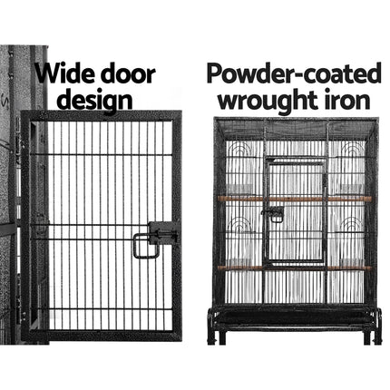 Black i.Pet bird cage by Macaw And Friends, 144cm large aviary for pet birds with spacious interior and sturdy design.