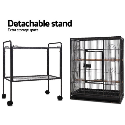 Large black i.Pet bird cage by Macaw and Friends, 144cm tall aviary with spacious bars and access doors for pet birds.
