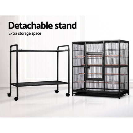 Large black i.Pet bird cage by Macaw And Friends, 144cm tall aviary with spacious bars for pet bird care and easy access.