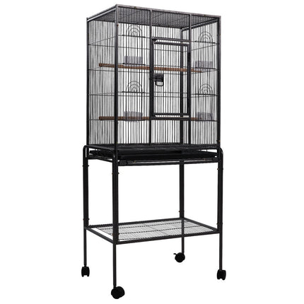 Large black i.Pet bird cage by Macaw And Friends, 144cm tall, spacious aviary for pet birds, with multiple perches and feeding areas.