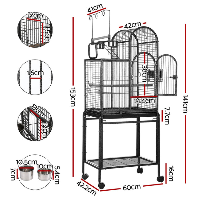 Large Macaw and Friends i.Pet bird cage, 153cm tall aviary with spacious metal bars and multiple perches for pet birds.