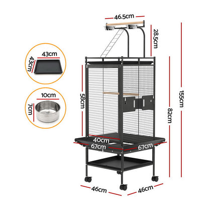 Large black i.Pet bird cage by Macaw and Friends, 155cm tall parrot aviary with stand and caster wheels for easy mobility.