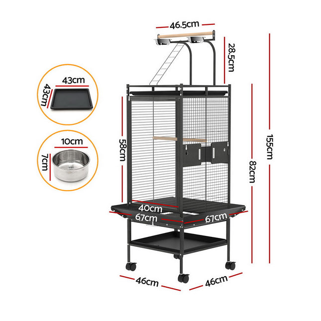 Large black i.Pet bird cage by Macaw and Friends, 155cm tall parrot aviary with stand and caster wheels for easy mobility.