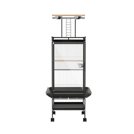 Large black Macaw and Friends bird cage with stand, wheels, and spacious 155cm design for parrots and budgies.