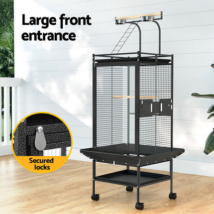 Large black i.Pet bird cage by Macaw and Friends, 155cm tall parrot aviary with stand, wheels, and castor for easy mobility.