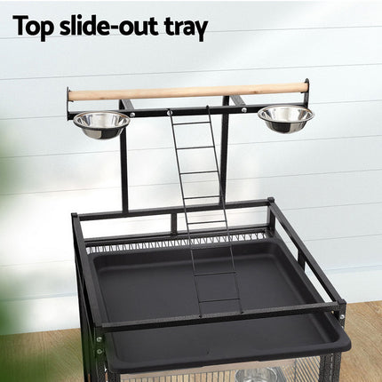 Large black i.Pet bird cage by Macaw And Friends with stand, wheels, and spacious 155cm design for parrots and budgies.