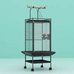 Large black i.Pet bird cage by Macaw And Friends with stand, wheels, and spacious 155cm design for parrots and budgies.