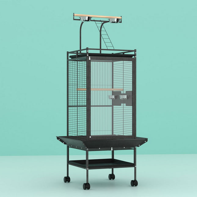 Large black i.Pet bird cage by Macaw And Friends with stand, wheels, and spacious 155cm design for parrots and budgies.