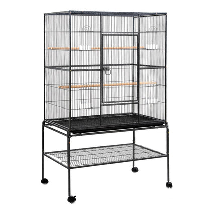 Large black Macaw and Friends bird cage with stand, wheels, and spacious 160cm design for parrots and budgies.