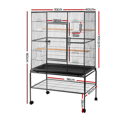 Large black Macaw and Friends bird cage with stand, wheels, and spacious 160cm design for parrots and budgies.