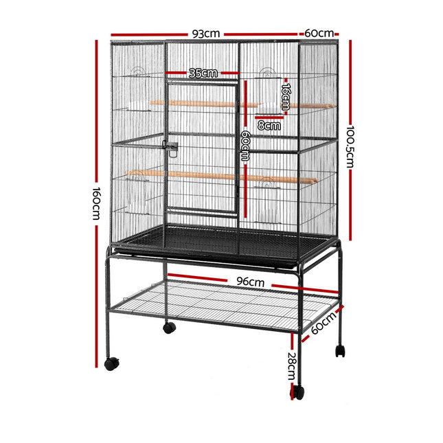 Large black Macaw and Friends bird cage with stand, wheels, and spacious 160cm design for parrots and budgies.