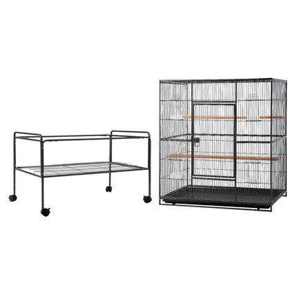 Large black i.Pet bird cage by Macaw and Friends with stand, wheels, and 160cm size for parrots and budgies in a pet care setting.