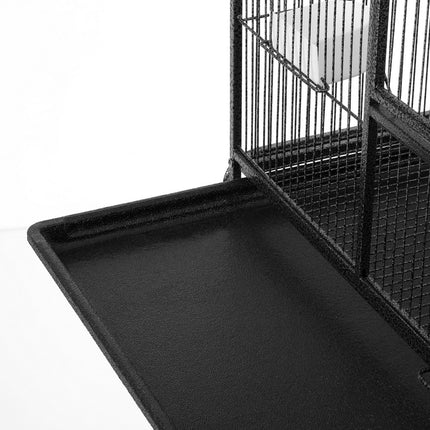 Large black Macaw and Friends bird cage with stand, wheels, and spacious interior for parrots and budgies.