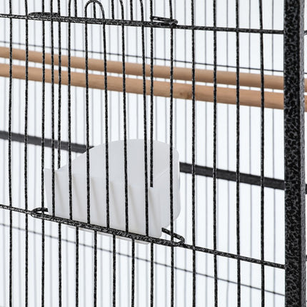 Large black Macaw and Friends bird cage with stand, wheels, and spacious interior for parrots and budgies, 160cm tall.
