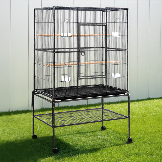 Large black i.Pet bird cage by Macaw And Friends, 160cm aviary stand with wheels for parrots and budgies, sturdy and spacious.