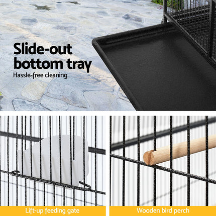 Large black i.Pet bird cage by Macaw And Friends with stand, wheels, and spacious 160cm design for parrots and budgies.