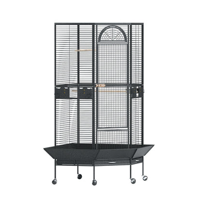 Large Macaw and Friends bird cage with perch, wheels, and corner stand for parrots and budgies, suitable for pet bird care.