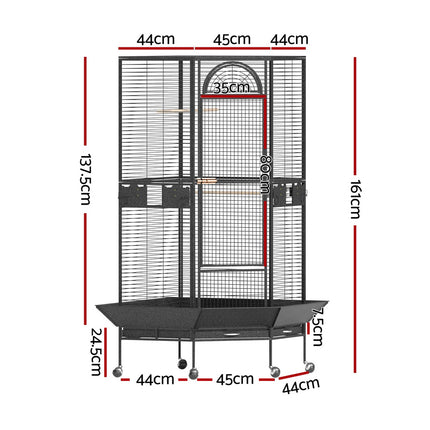 Large jumbo bird cage by Macaw and Friends with perches, wheels, and corner stand for budgies, parrots, and other small birds.