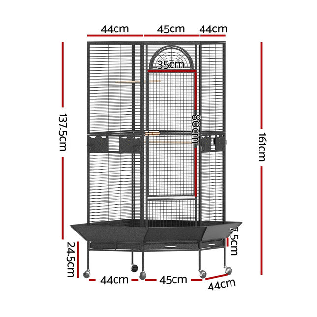 Large jumbo bird cage by Macaw and Friends with perches, wheels, and corner stand for budgies, parrots, and other small birds.