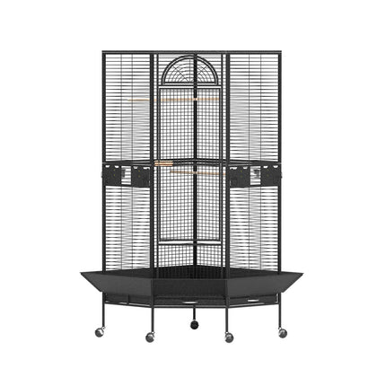 Large Macaw and Friends bird cage with wheels, jumbo aviary, perch, suitable for budgies and parrots, corner stand for pet care.