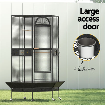 Large Macaw And Friends bird cage with wheels, jumbo aviary, perch, and corner stand for budgies, parrots, and pet birds.