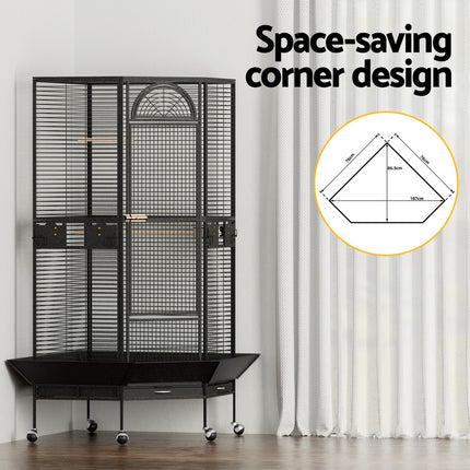 Large jumbo bird cage by Macaw And Friends with wheels, perch, and corner stand for budgies, parrots, and small birds.