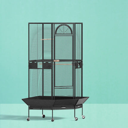 Large Macaw And Friends bird cage with wheels, spacious jumbo aviary for parrots and budgies, includes perches and corner stand.