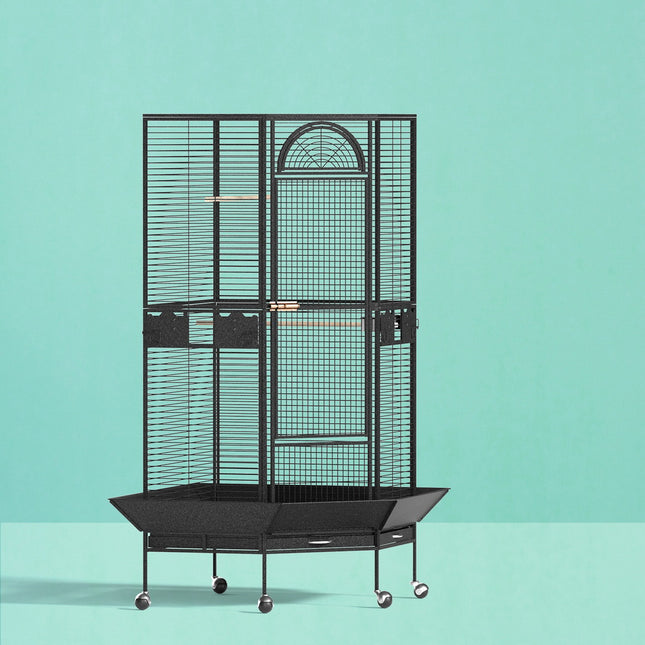 Large Macaw And Friends bird cage with wheels, spacious jumbo aviary for parrots and budgies, includes perches and corner stand.