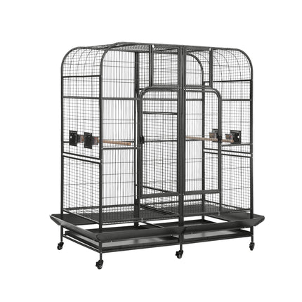 Large black Macaw and Friends bird cage with castor wheels, removable divider, measuring 185cm for pet parrots and bird care.