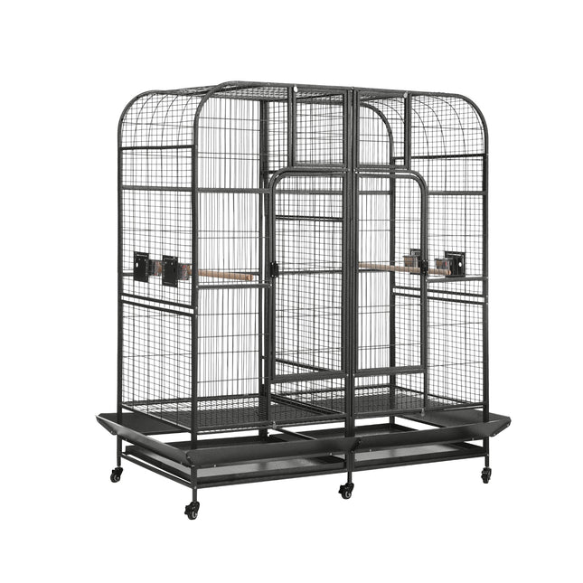 Large black Macaw and Friends bird cage with castor wheels, removable divider, measuring 185cm for pet parrots and bird care.