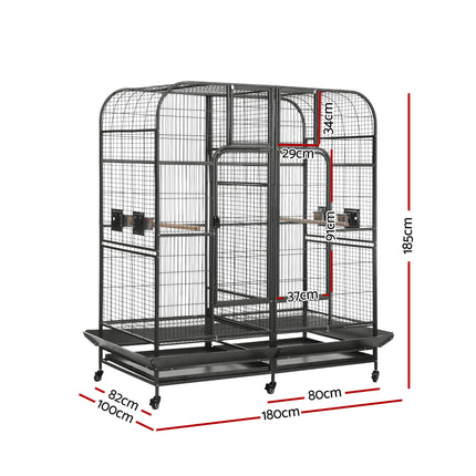 Large black Macaw And Friends bird cage with castor wheels, removable divider, 185cm aviary for parrots and pet birds.