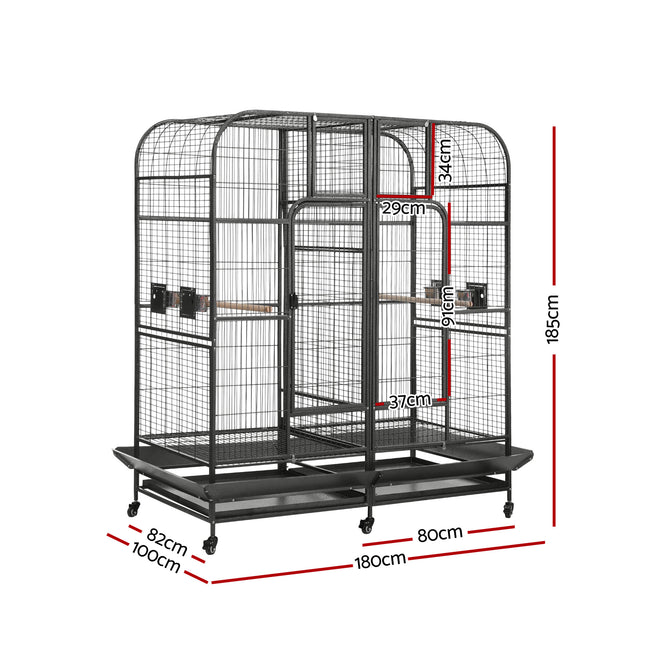 Large black Macaw And Friends bird cage with castor wheels, removable divider, 185cm aviary for parrots and pet birds.