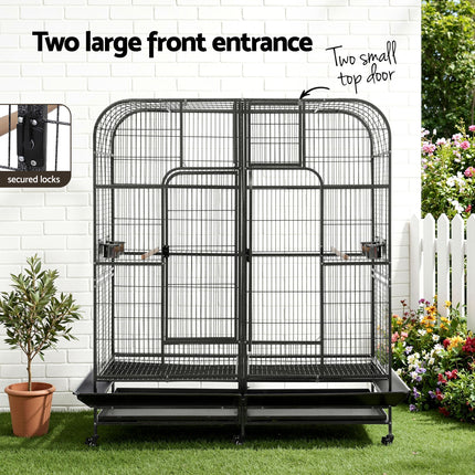 Large black i.Pet bird cage by Macaw and Friends, 185cm aviary with castor wheels and removable divider for pet parrots.