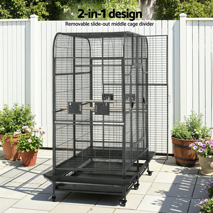 Large black i.Pet bird cage by Macaw And Friends, 185cm aviary with castor wheels and removable divider for pet parrots.