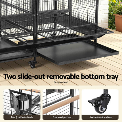 Large black i.Pet bird cage by Macaw And Friends with castor wheels and removable divider for pet parrot care.