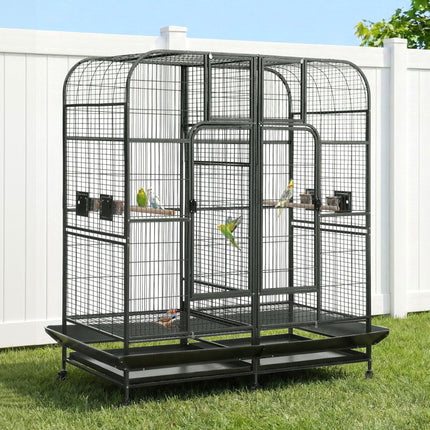 Large black i.Pet bird cage by Macaw And Friends, 185cm aviary with castor wheels and removable divider for pet parrot care.