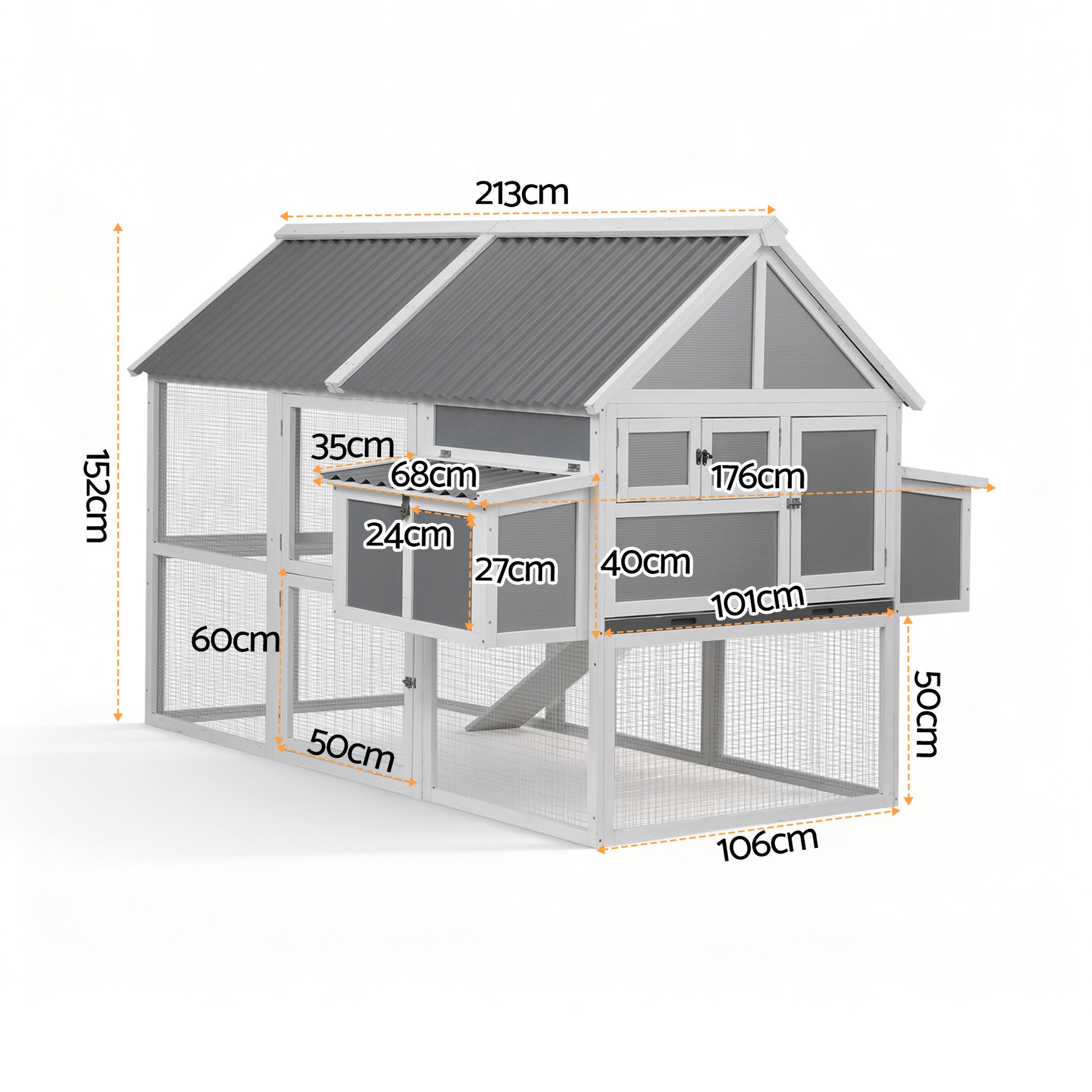i.Pet Chicken Coop Large Outdoor Rabbit Hutch Chook House Hatch Box With Run Grey White - Macaw And Friends