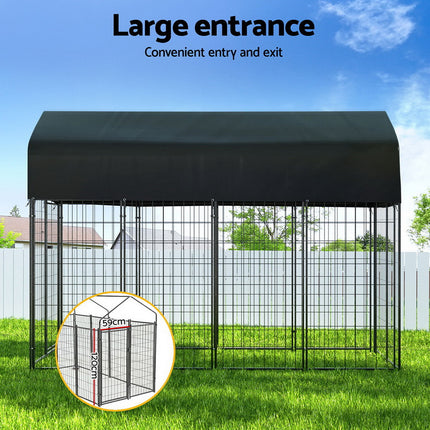 Large outdoor metal dog kennel and playpen for puppies by Macaw And Friends, suitable for backyard pet care and outdoor play.