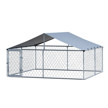 Large Macaw And Friends dog kennel with roof, outdoor pet run cage for puppies, spacious outdoor enclosure for dogs.