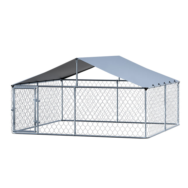 Large Macaw And Friends dog kennel with roof, outdoor pet run cage for puppies, spacious outdoor enclosure for dogs.