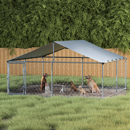 Large Macaw and Friends dog kennel with roof, outdoor pet run cage for puppies, spacious outdoor enclosure for dogs.